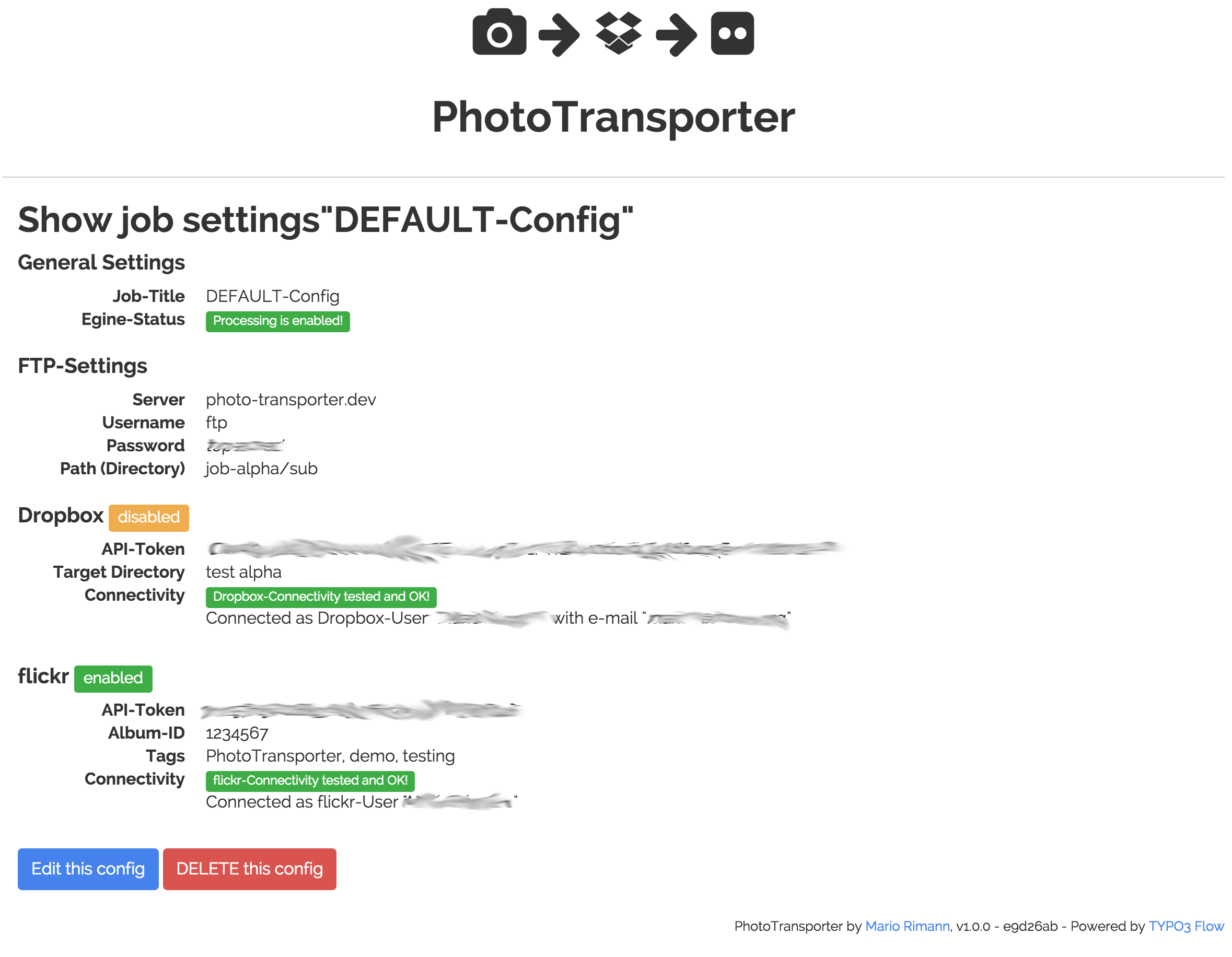 PhotoTransporter settings view to configure a job.